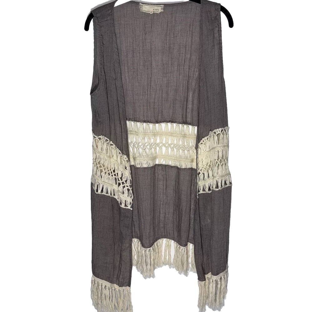 A'REVE Crochet Open Vest  Boho Pale Lavender/Gray Size‎ Small Fringe Tassel